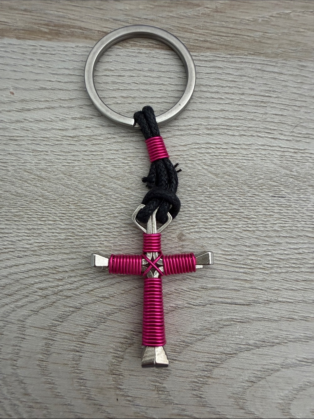 Pink Wire-Wrapped Horseshoe Nail Cross Keychain